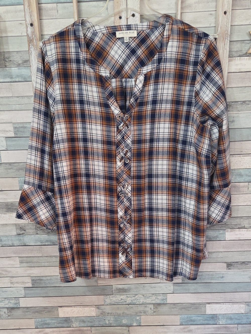 Skies Are Blue Plaid Button-Up Shirt in Navy, Brown and White